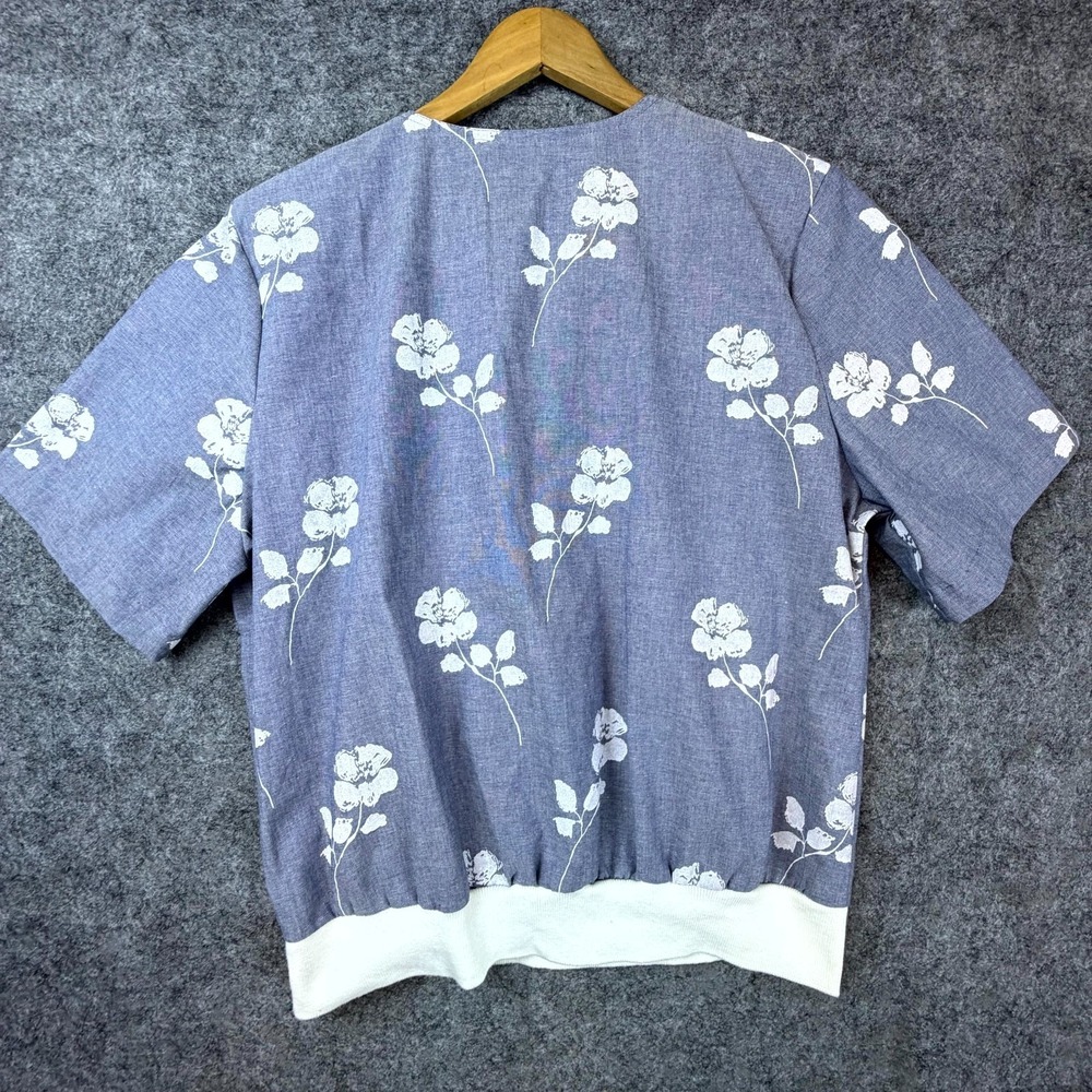 Vintage Cabrais Blouse Top Womens 16 Blue White Floral Coastal Chic Banded Waist - Picture 2 of 7